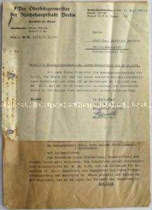Schreiben des Oberbürgermeisters von Berlin an den Mieter und den Vermieter eines Kleinhauses zur Bestätigung der Rechtmäßigkeit einer Mieterhöhung - Nachlass