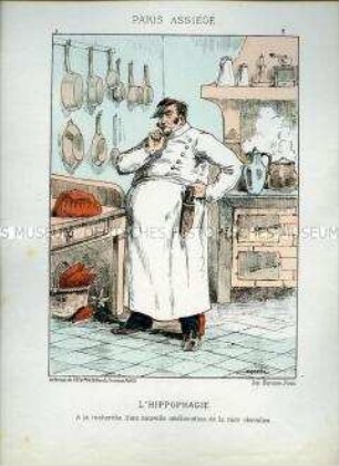 Karikatur, Koch betrachtet ein Stück Pferdefleisch, Frankreich 1870. Tafel 3 aus: Paris assiégé. Scènes de la vie parisienne pendant le siège.