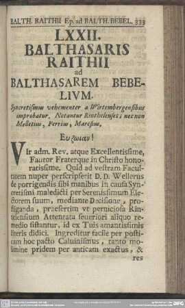 LXXII. Balthasaris Raithii ad Balthasarem Bebelium