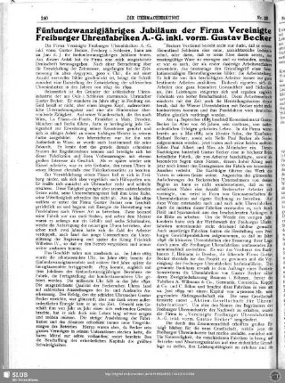 Fünfundzwanzigjähriges Jubiläum der Firma Vereinigte Freiburger Uhrenfabriken A.-G. inkl. vorm. Gustav Becker