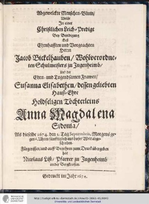 Titelseite - Leichenpredigt Anna Magdalena