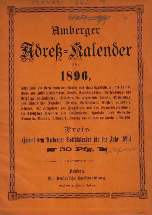 Amberger Adresskalender : sammt dem Amberger Volkskalender für das Jahr ... 1896