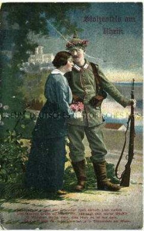 Postkarte mit Soldaten-Liebesmotiv und Liedzeilen