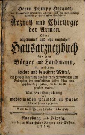 Arzney und Chirurgie der Armen : aus dem Französischen übersetzt