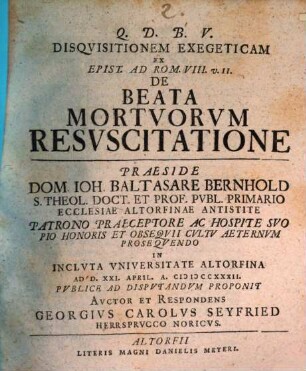Disquisitionem exegeticam ex epist. ad Rom. VIII. v. II. de beata mortuorum resuscitatione