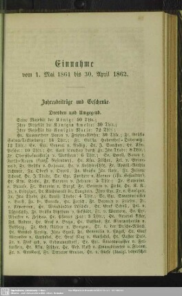 Einnahme vom 1. Mai 1861 bis 30. April 1862