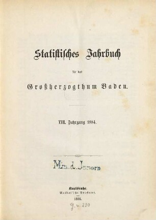 Statistisches Jahrbuch für das Land Baden. 17. 1884 (1886)