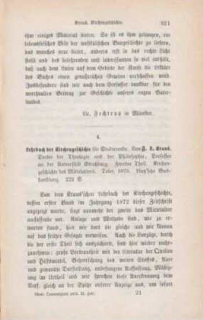 321-325 [Rezension] Kraus, Franz Xaver, Kirchengeschichte des Mittelalters