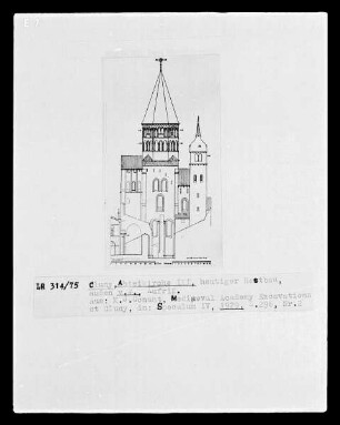 Cluny, Abteikirche, heutiger Restbau, Aufriss von Westen