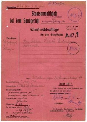 Angeklagter: Kratt, Karl Johann (Landwirt); Mönchweiler *16.11.1870 in Mönchweiler; + ? Delikt: Verbrechen gegen die Kriegswirtschaftsverordnung Tatort: Mönchweiler Tatzeit: September 1939-November 1943
