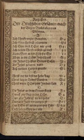 Register. Der Deutzschen Gesänge nach der Bogen Buchstaben und Blättern.