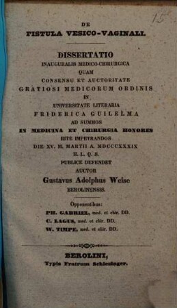 De fistula vesico-vaginali : Dissertatio inauguralis medico-chirurgica