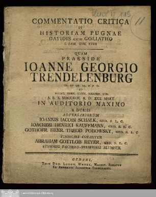 Commentatio Critica In Historiam Pugnae Davidis Cum Goliatho I. Sam. XVII. XVIII.