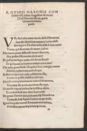 P. Ovidii Nasonis Consolatio ad Liviam Augustam de morte Drusi Neronis filii eis, qui in Germania morbo periit.