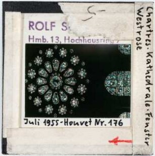 Chartres: Kathedrale, Glasfenster, Westrose, aufgenommen Juli 1955