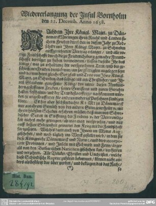 Wiedererlangung der Insul Bornholm d. 22. Dec. 1658