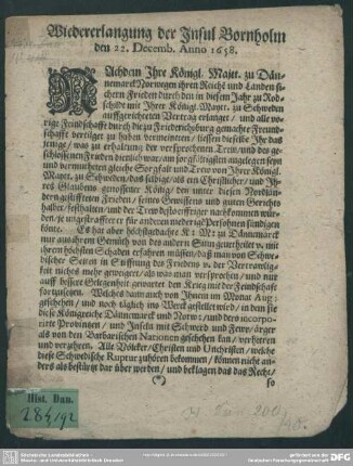 Wiedererlangung der Insul Bornholm d. 22. Dec. 1658