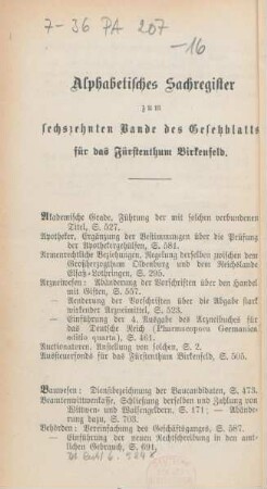 Alphabetisches Sachregister zum sechzehnten Bande des Gesetzblatts für das Fürstenthum Birkenfeld