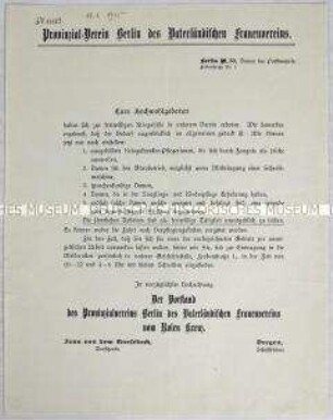 Rundschreiben des Vaterländischen Frauenvereins zu den Voraussetzungen für die Einstellung von Freiwilligen