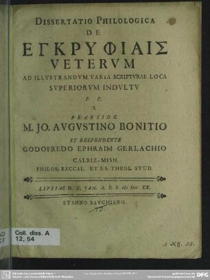 Dissertatio Philologica De Egkryphiais Veterum