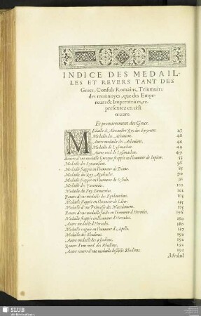 Indice Des Medailles Et Revers Tant Des Grecs, Consuls Romains, Trimvirs des monnoyes, que des Empereurs & Imperatrices, representez en c'est oeuvre