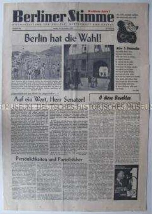 Wochenzeitung der SPD "Berliner Stimme" zur Wahl des (West)-Berliner Abgeordnetenhauses