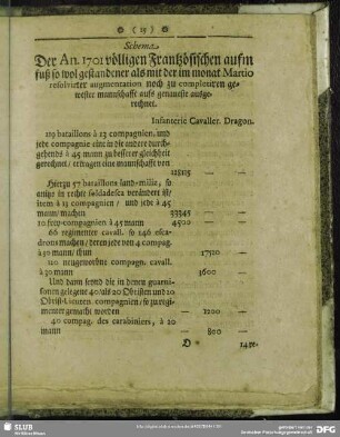 Schema Der An. 1701 völligen Frantzösischen aufm fuß so wol gestandener als mit der im monat Martio resolvirter augmentation noch zu completiren gewester mannschafft aufs genaueste ausgerechnet