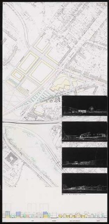 Bahnhofsbereich Potsdam Schinkelwettbewerb 1993: Lageplan (Ausschnitt) 1:1000, Schnitt 1:500, perspektivische Ansichten