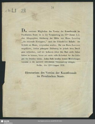 28: Circular des Directorium des Verein der Kunstfreunde im Preussischen Staate. Berlin, 22.08.1831 [Druck]