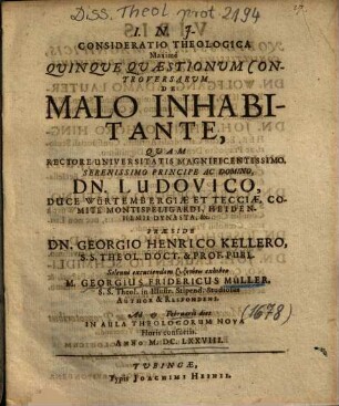 Consideratio Theologica Maximè Quinque Quaestionum Controversarum De Malo Inhabitante