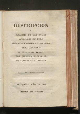 Descripción y analisis de la aguas minerales de Yura.../ Manuel Rodriguez