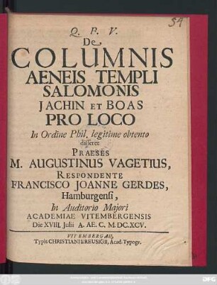 De Columnis Aeneis Templi Salomonis Jachin Et Boas