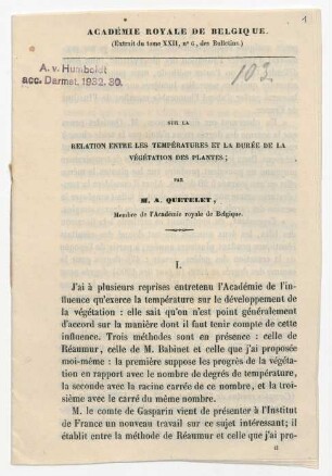 Sur la Relation entre les Températures et la durèe de la Végétation des Plantes