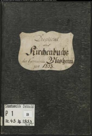 Kirchenbuchduplikate der evangelischen Gemeinde Blasheim, Kreis Lübbecke (GHT 1853) (Gemeinde: Evangelische Gemeinde Blasheim, Kreis Lübbecke)