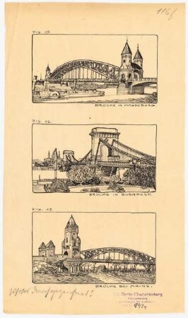 Brücken, Magdeburg, Budapest und Mainz: Perspektivische Ansichten für eine Publikation nach Fotos umgezeichnet