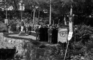 Sängerfest: Naturbühne im Bürgerpark: Männerchöre beim gemeinsamen Singen, mit Dirigent auf Podest: vorne Standarten des Männergesangvereins Berkenthin