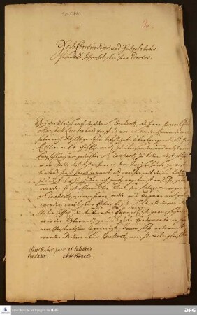Brief von [Ernst Friedrich] v. Seckendorff an August Hermann Francke.