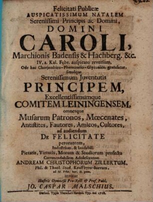 Ode in natalem Caroli Marchionis Badensis ...