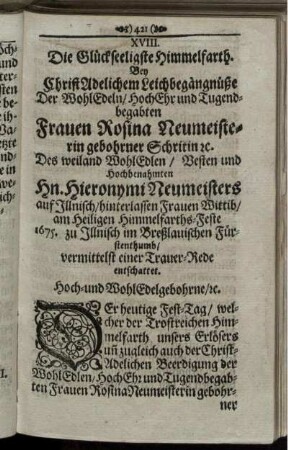 XVIII. Die Glückseeligste Himmelfarth