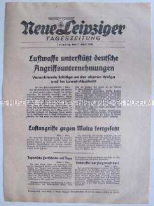Extrablatt der "Neuen Leipziger Tageszeitung" zur Ostfront, italienischen Luftangriffen auf Malta und japanischen Eroberungen auf Java