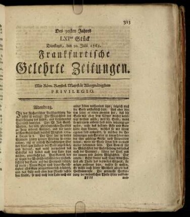 LXItes Stück Dienstags, den 30. Julii 1765. - LXXtes Stück Freytags, den 30. August 1765.