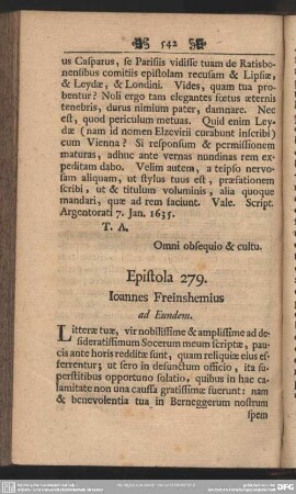 Epistola 279. Ioannes Freinshemius ad Eundem
