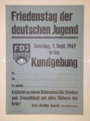Maueranschlag der FDJ Querfurt zur Ankündigung einer Kundgebung zum Friedenstag der deutschen Jugend (blanko)