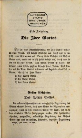 Die Idee Gottes, Th. 2, Abt. 1. Die speculative Theologie