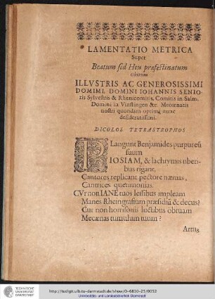 LAMENTATIO METRICA Super Beatum sed Heu prafestinatum obitum ...