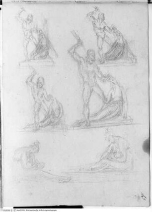 Skizzenbuch, Oben: vier Varianten zu "Achill tötet Penthesilea"; unterer Bildrand: zwei Studien mit "Mutter und Kind"