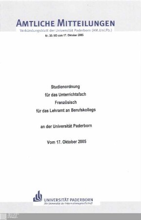 Studienordnung für das Unterrichtsfach Französisch für das Lehramt an Berufskollegs an der Universität Paderborn : vom 17. Oktober 2005