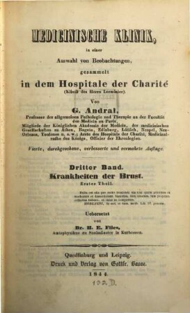 Medicinische Klinik : in einer Auswahl von Beobachtungen, gesammelt in dem Hospitale der Charité (Klinik des Herrn Lerminier), 3. Krankheiten der Brust ; 1