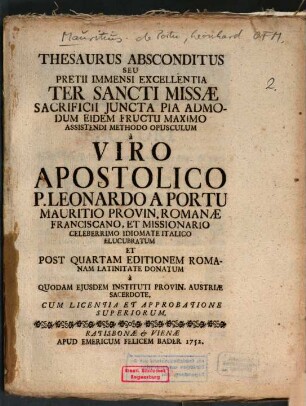 Thesaurus Absconditus Seu Pretii Immensi Excellentia Ter Sancti Missae Sacrificii ...