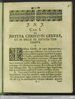 Cap. I. De Justitia Christi In Genere, Et in Specie De Justitia Ejus Passiva